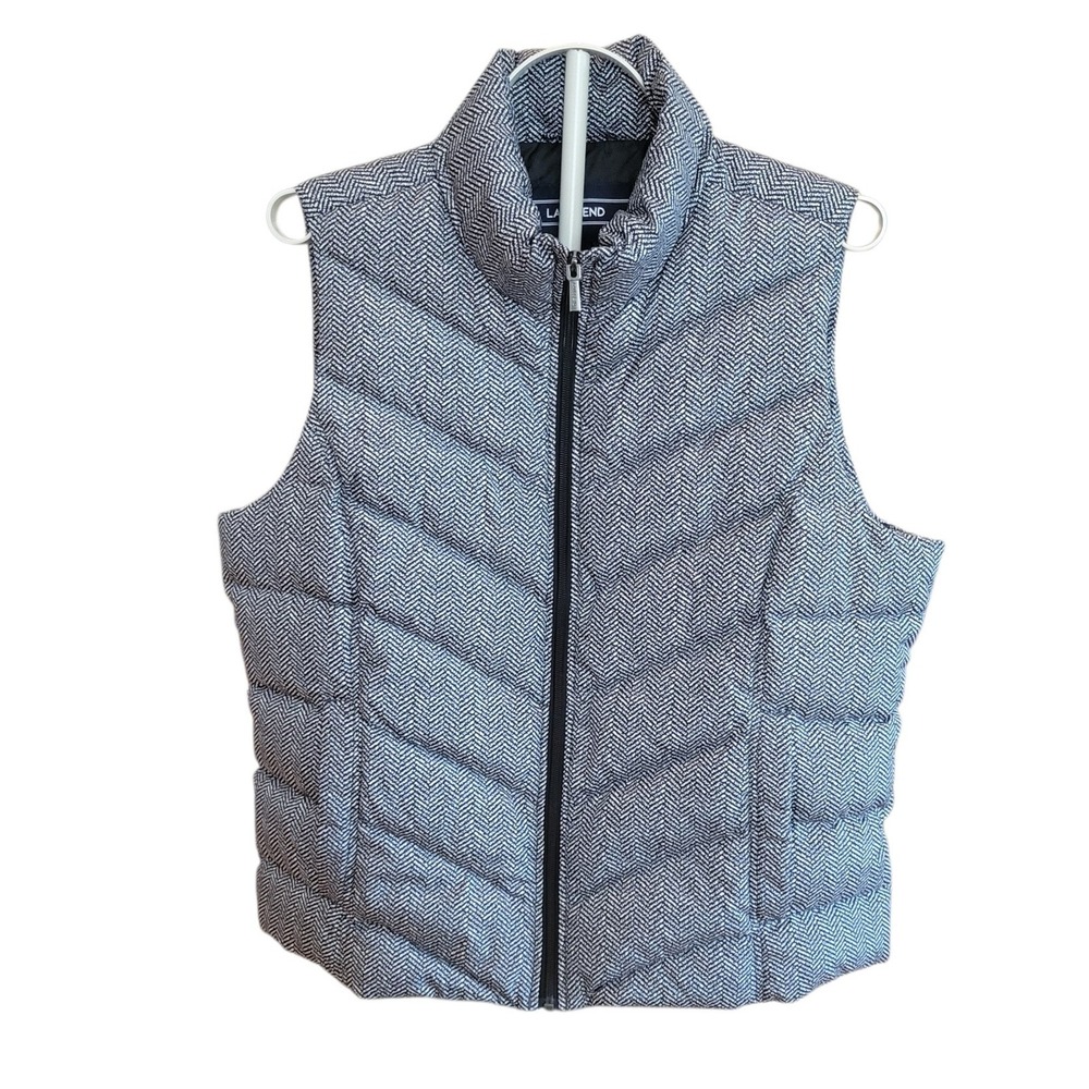 Lands End Womens Down Puffer Vest Size L 14-16 Gray White Herringbone Quilted